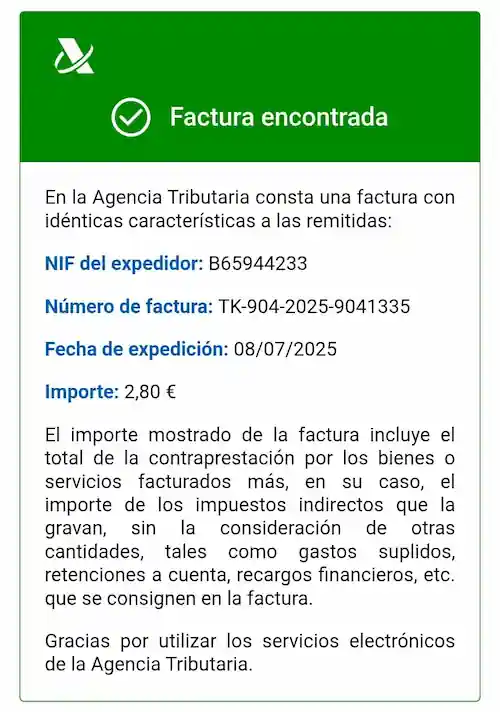 Exemple de tiquet amb codi QR de Verifactu verificat per l'AEAT