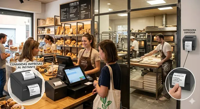 Impresora térmica imprimiendo comanda en una panadería